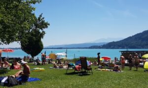 A beautiful public beach at Lake Wörthersee in Austria