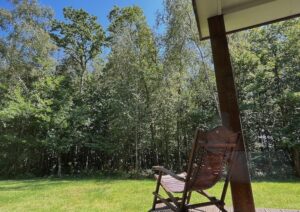 A view of some woods behind a house with a wooden deckchair on the patio